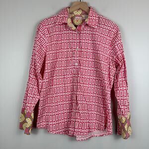 Tizzie Button Up Shirt Women's Large White Pink LS‎ Geometric Contrast Cuff Art
